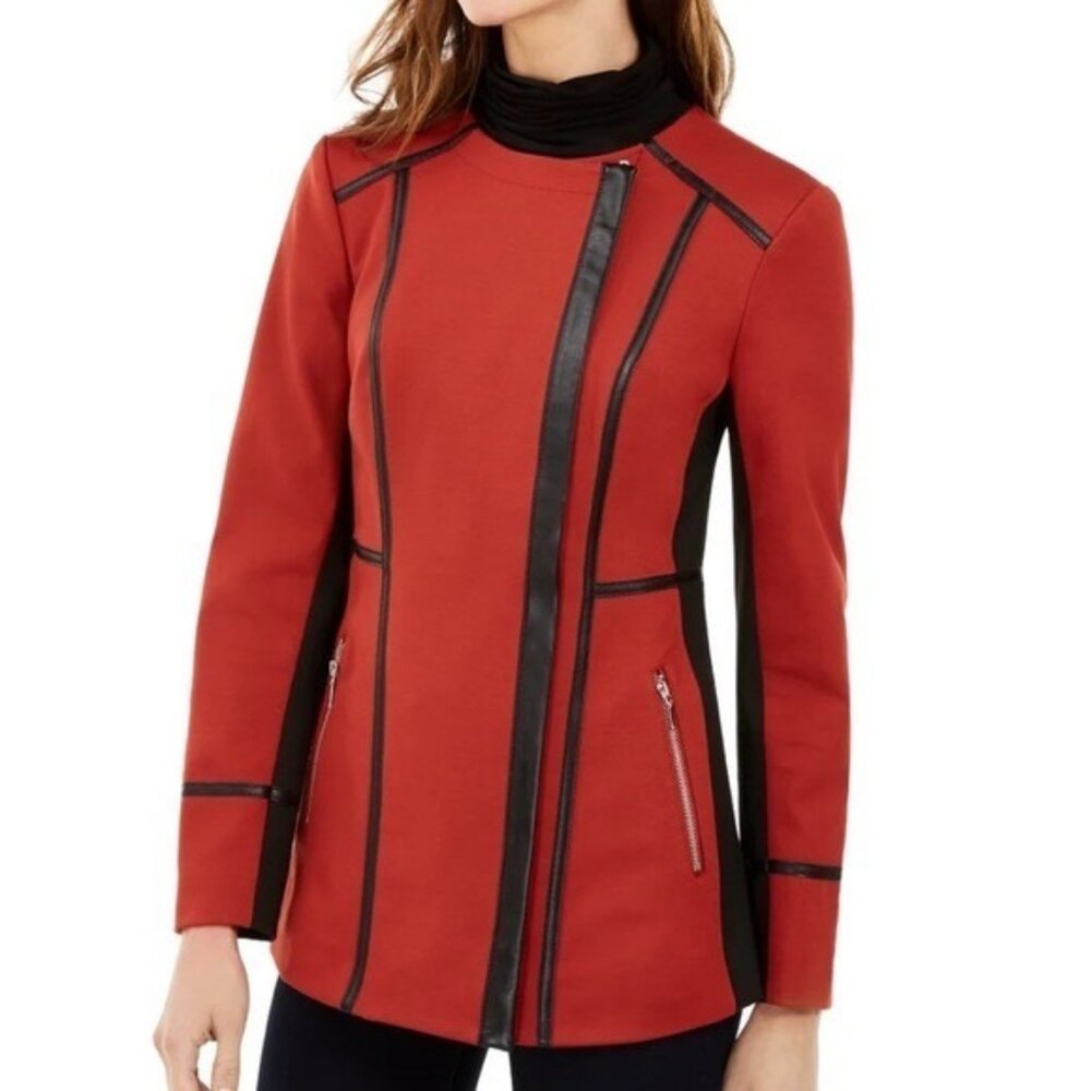 INC‎ Asymmetric Zip Ponte Knit Faux Leather Trim Moto Jacket w/Pockets Size M